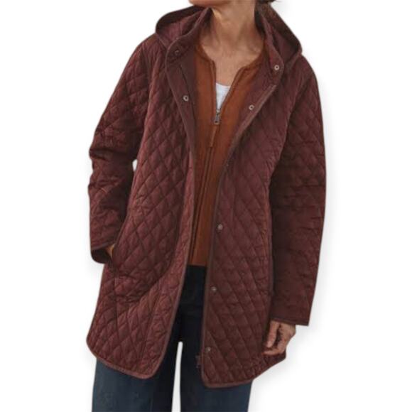 Garnet Hill Recycled Quilted Car Coat Hooded Pockets Jacket Burgundy Red Size 6 - Picture 1 of 9